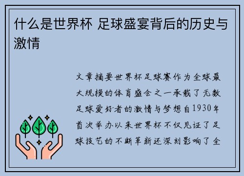 什么是世界杯 足球盛宴背后的历史与激情