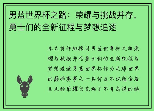 男蓝世界杯之路：荣耀与挑战并存，勇士们的全新征程与梦想追逐