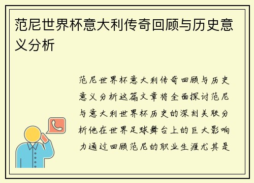 范尼世界杯意大利传奇回顾与历史意义分析